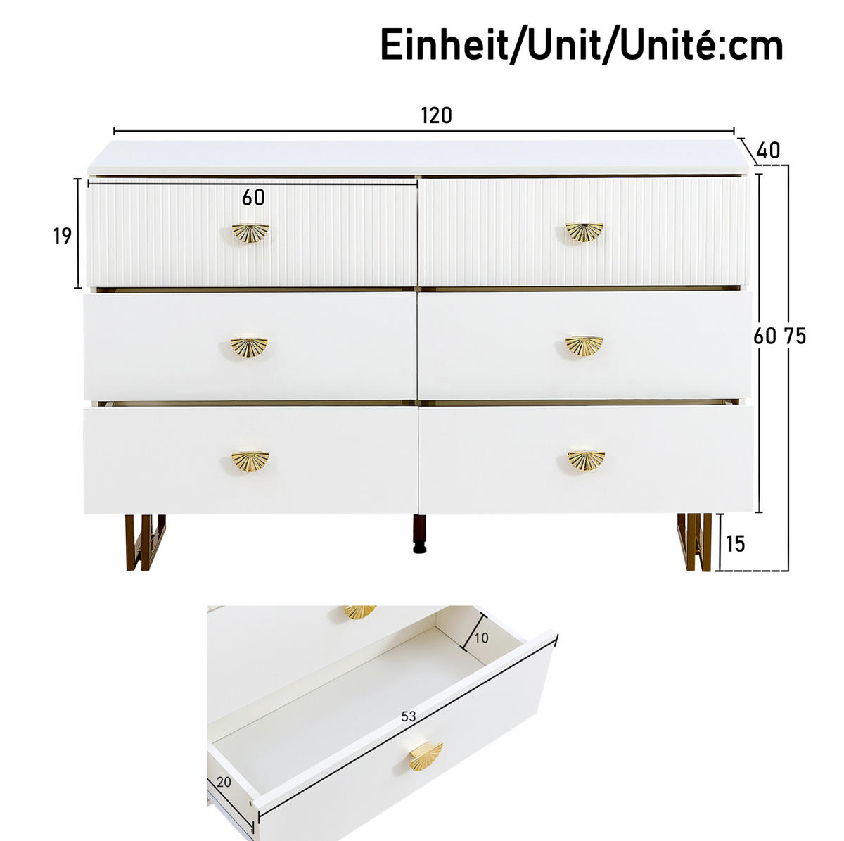 SIDEBOARD 120/40/75 cm Weiß aus MDF mit 6 Schubladen - Weiß, Holzwerkstoff (120/75/40cm) - OKWISH