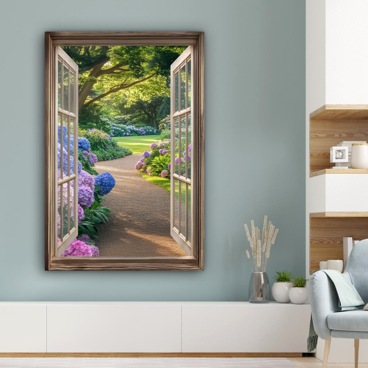 LEINWANDBILD Aussicht - Garten - Fenster - Hortensie - Blumen 80x120 cm - Pastellblau, Textil (80/120cm) - MuchoWow