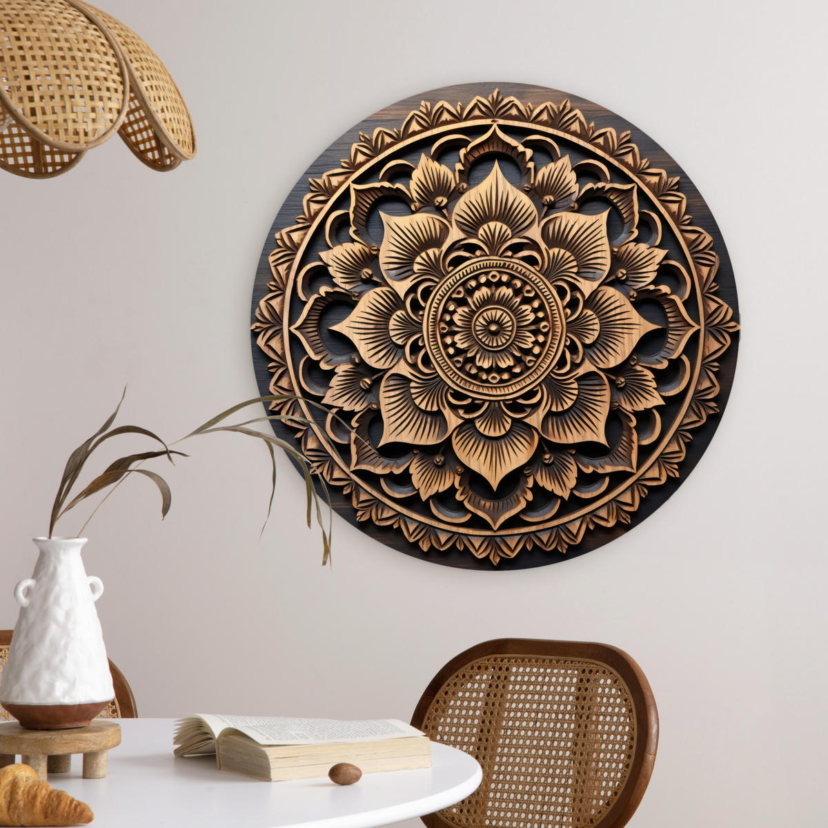 WANDBILD Mandala - Holz - Blumen - Braun 60x60 cm - Gelb, Kunststoff (60/60cm) - MuchoWow