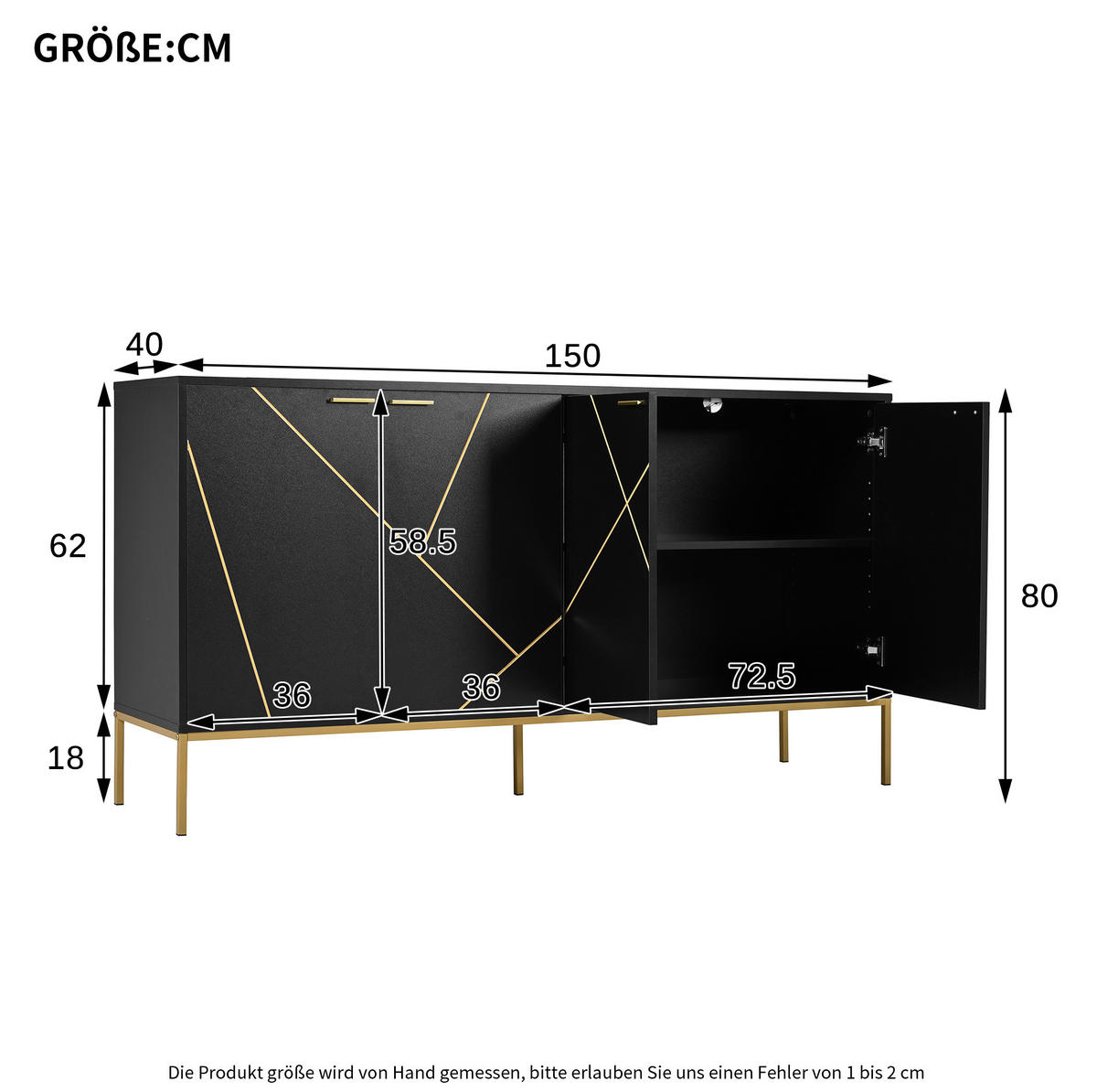 SIDEBOARD aus Spanplatte 40x150x80 cm Schwarz mit goldfarbenen Details, verstellbarem Einlegeboden und Metallfüßen - Schwarz, Holzwerkstoff (150/80/40cm) - Modfu