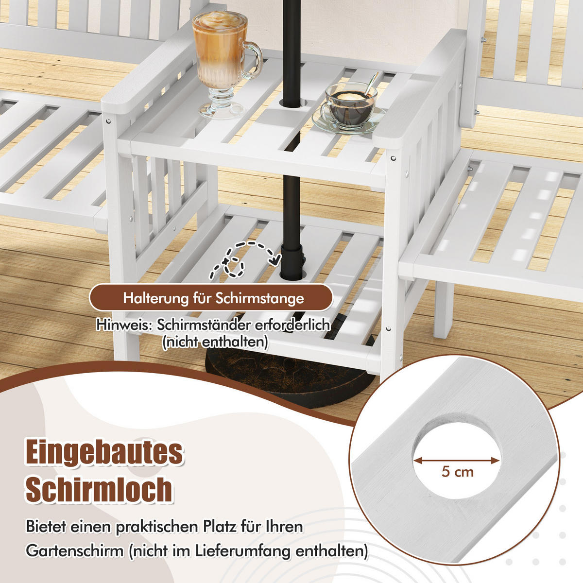 DOPPELSITZ mit Mitteltisch Weiß (3-teilig) - Weiß, Holz - COSTWAY
