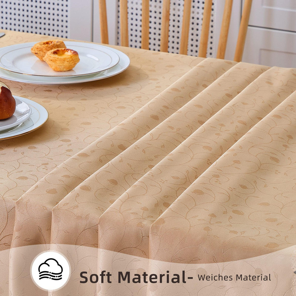 TISCHDECKE Abwaschbar Ornamente Rechteckig 130 x 220 cm Tischtuch Tafeldecke Kratzfest aus Polyester, Beige - Beige, Textil (130/220cm)