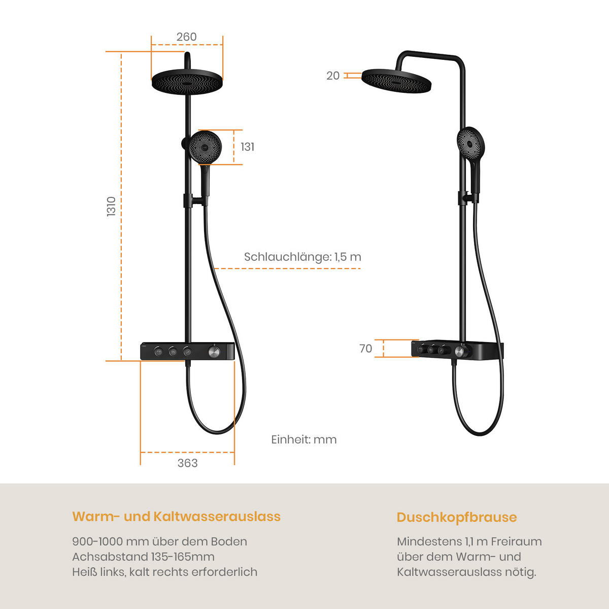 ÜBERKOPFBRAUSESET mit Thermostat Runde Überkopfbrause Vielseitig Schwarz - Schwarz, Metall (35.5/110/40cm) - EMKE