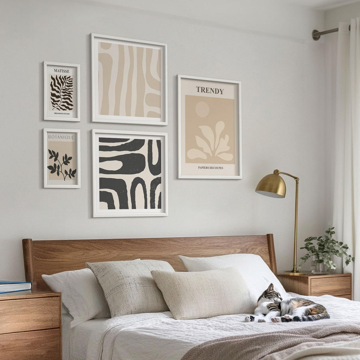 WANDBILDER 5er-Set - 50x50 cm & 20x30 cm & 40x60 cm Weißer Rahmen - Stilvolle Pflanzenmuster in Beige und Schwarz - Weiß, Kunststoff (40/60cm) - ArtPrintCave