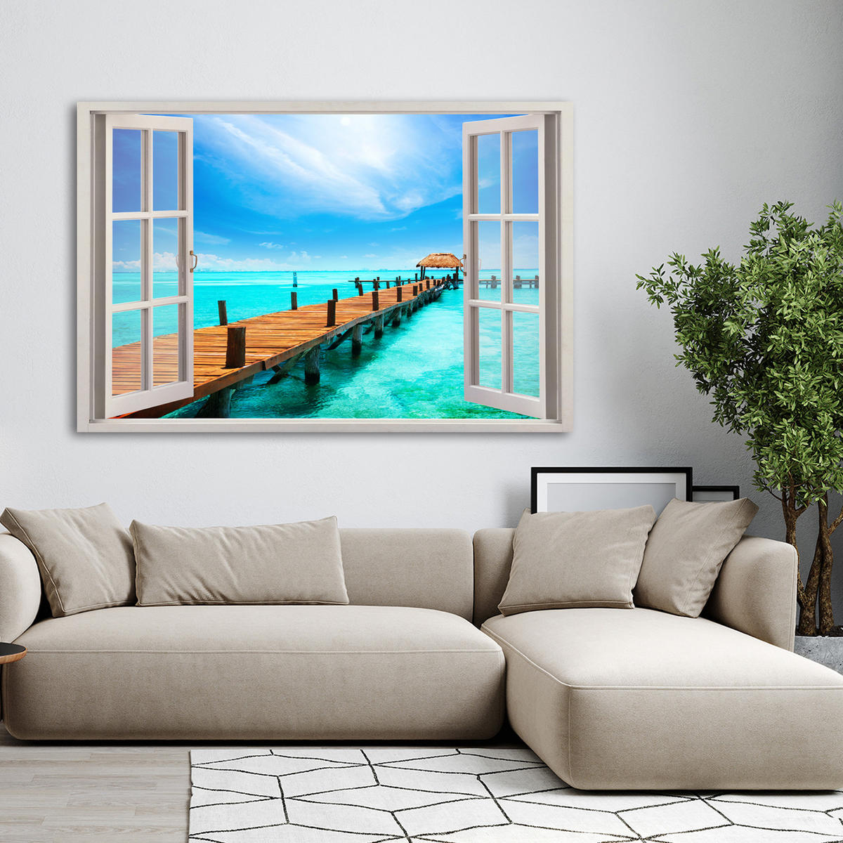 WANDBILD fensterblick meer tropische landschaft - Blau, Textil (60/40cm) - Feeby