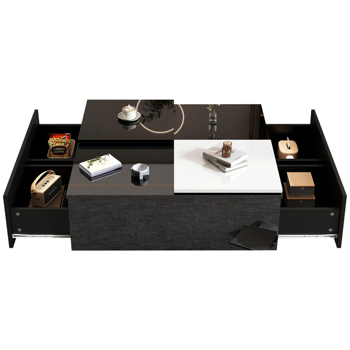 COUCHTISCH 75x75cm Schwarz Hochglanz Quadratisch Weiß Einschiebeplatte 30kg - Weiß, Holz (85.85/85.85/13.97cm) - FLIEKS