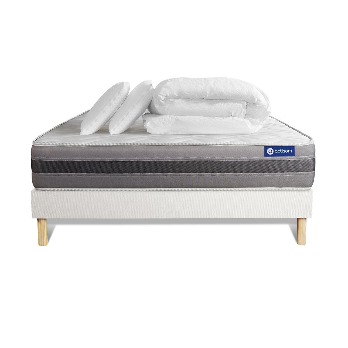 BETT Actiflex relax Taschenfederkern und Memory-Schaum 140 x 200 cm h1 - Kit Bettgestell Weiß - Mit Kissen und Bettdecke - Beige/Weiß, Karton/Holz (140/200cm) - ACTISOM