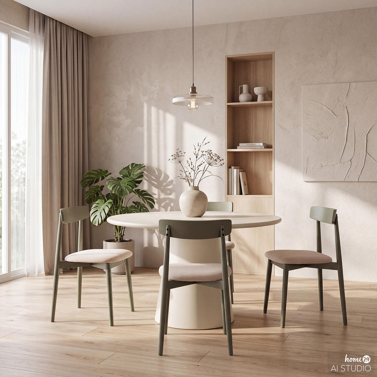 ESSZIMMERSTUHL - 2er-Set - Eiche massiv / Webstoff - Beige/Olivgrün, Holz/Textil (47/78/51cm) - home24