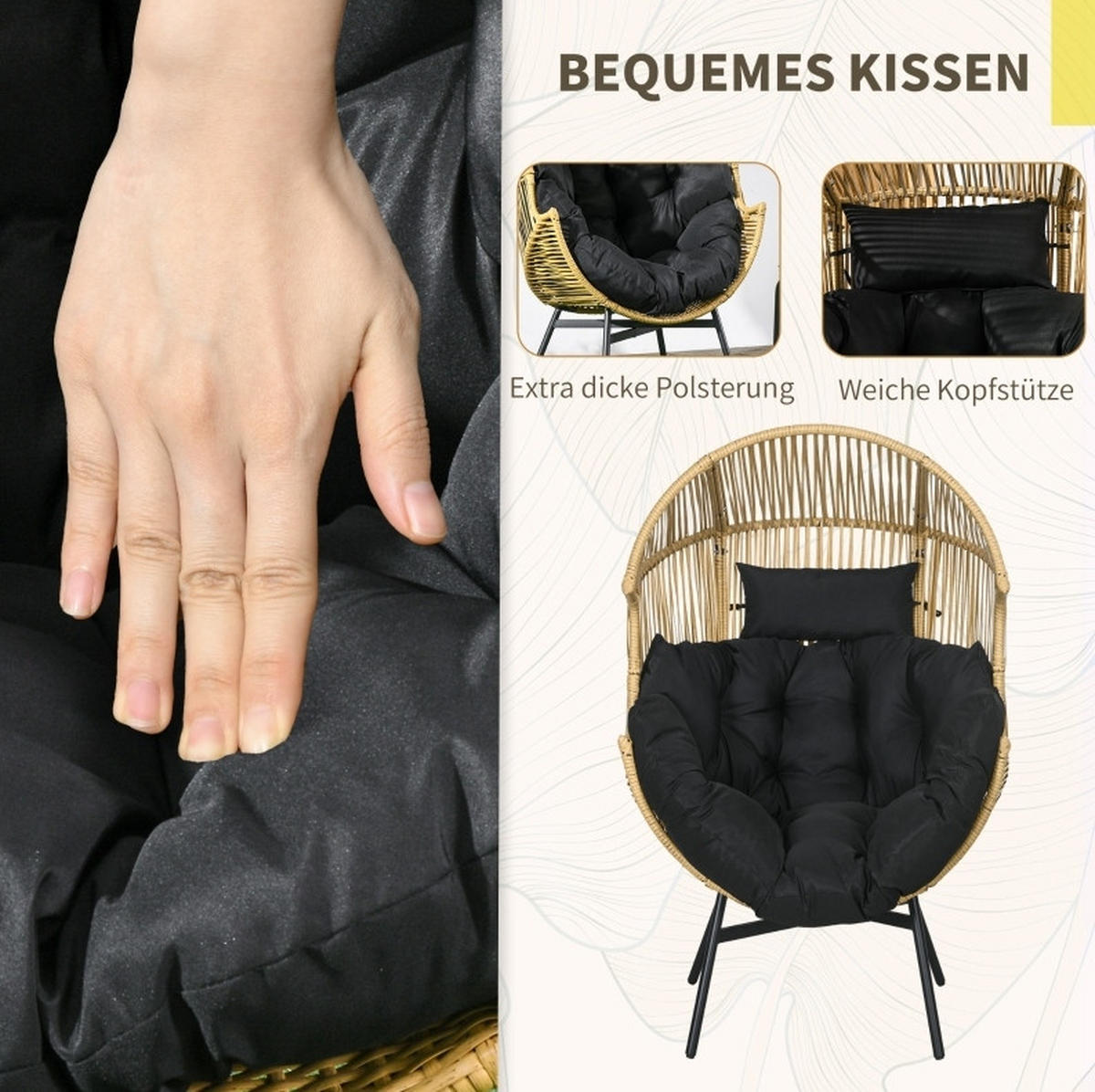 GARTENSTUHL aus Rattan 89x75x143 cm Sand mit Komfortkissen und verstellbaren Füßen - Beige, Holzwerkstoff (75/143/89cm) - Modfu