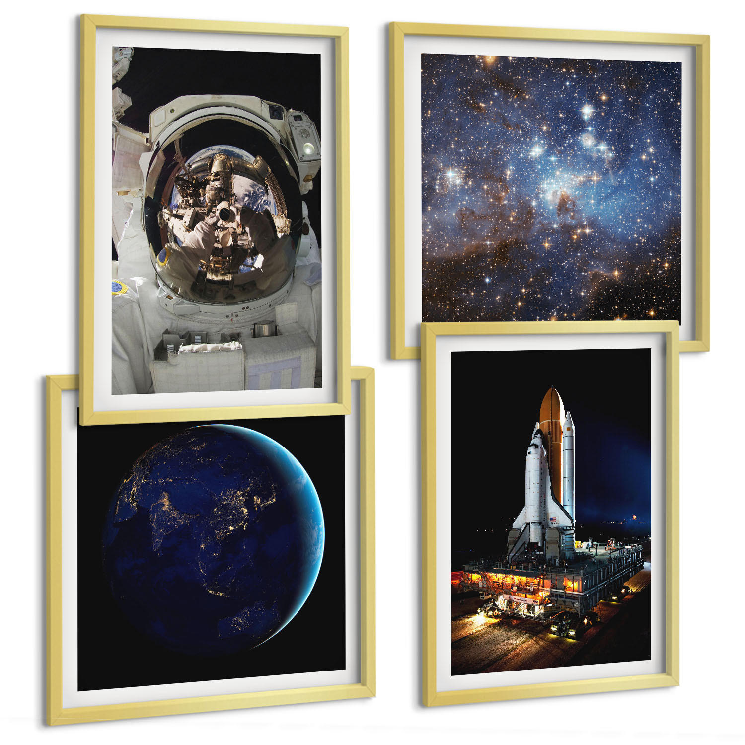 BILDER SET 4er Set - 50x50 cm & 40x60 cm Goldrahmen - Weltraum Erde Astronaut Rakete - Goldfarben, Kunststoff (50/50cm) - TULUP