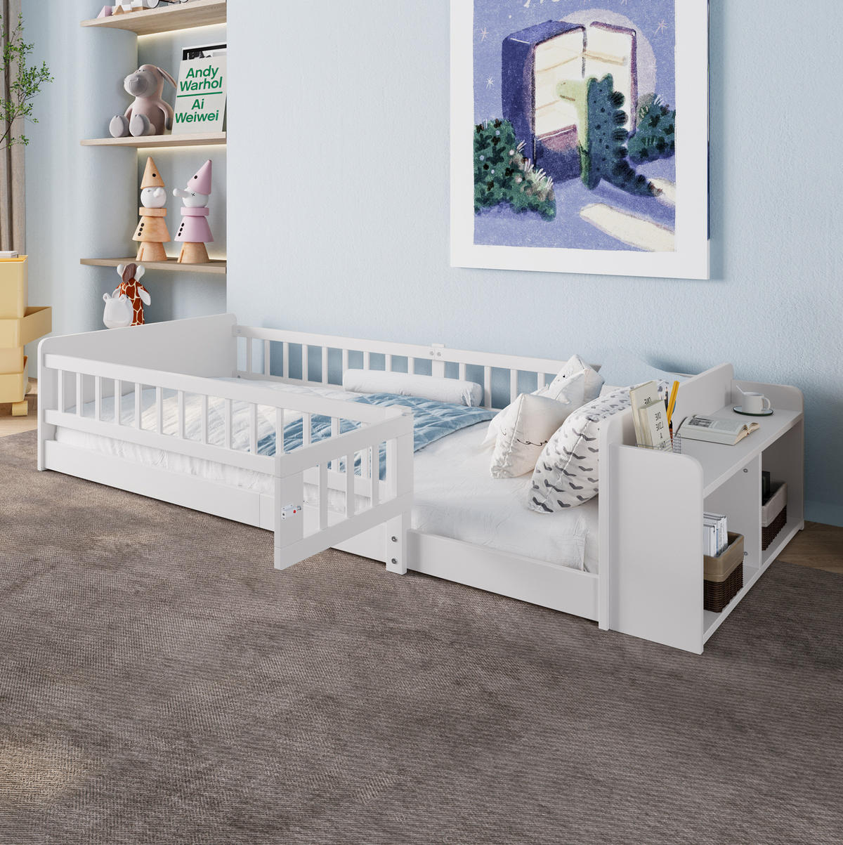 KINDERBETT 90/200 cm mit offenem Stauraum, Regalen und aufklappbarer Zauntür aus Kiefern , Weiß - Weiß, Holzwerkstoff (90/200cm) - Redom