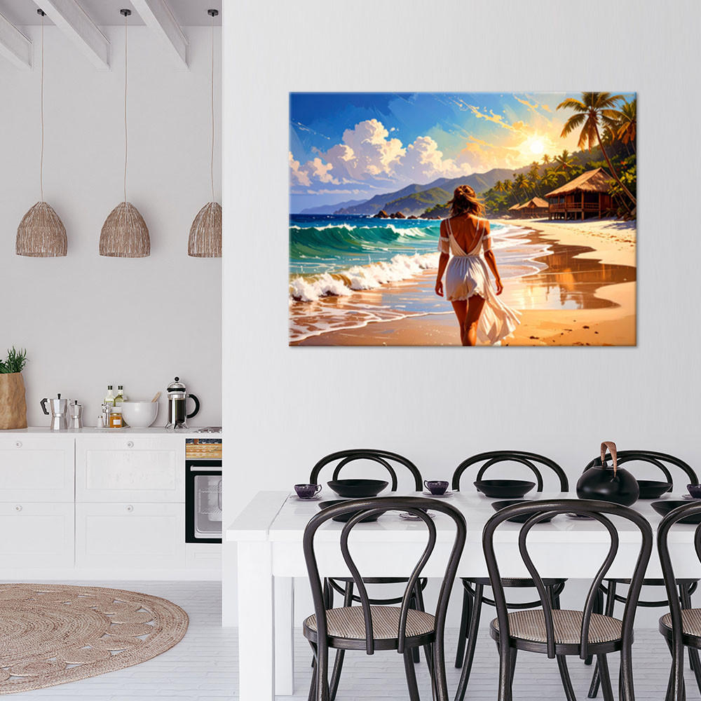 LEINWANDBILD Frau Strand Meer Palmen 120x80cm - Beige, Textil (120/80cm) - Feeby