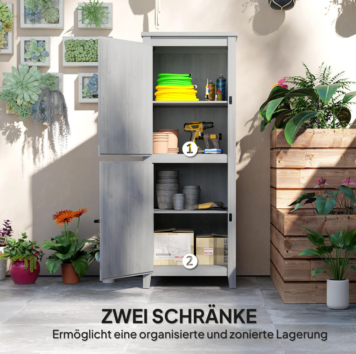 GARTENKOMMODE 60/160/60 cm Hellgrau aus Holz mit abschließbaren Doppeltüren - Hellgrau, Holz (60/160/60cm) - OKMYHOME