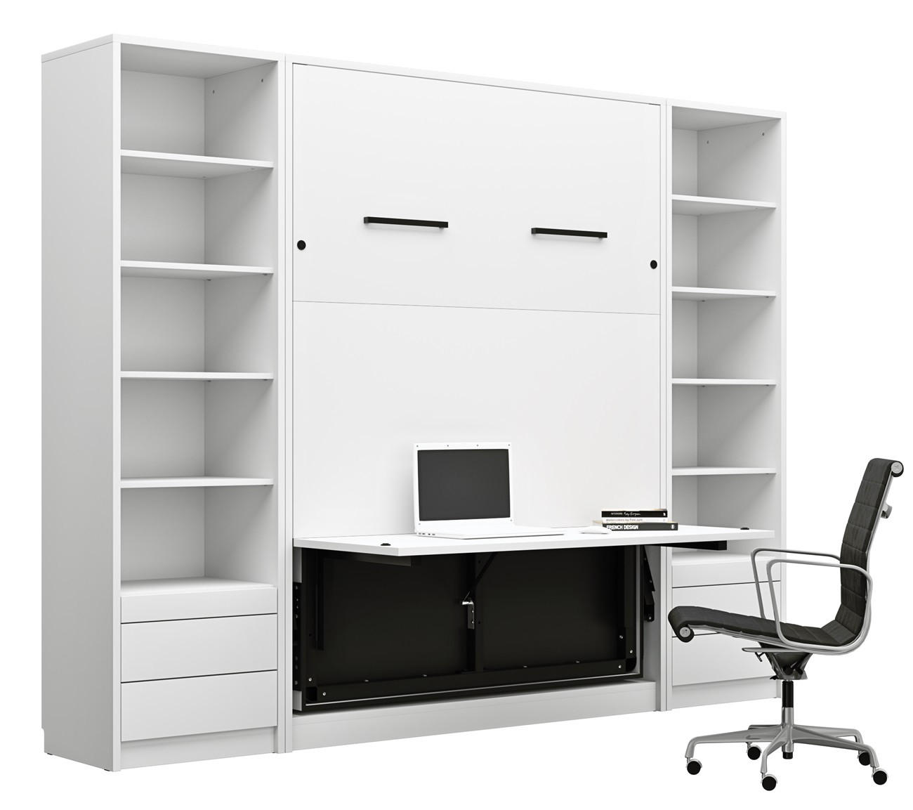 SCHRANKBETT vertikal GN140x200 mit Schreibtisch, LED und 2 Regalen - 3-teilig - Weiß - Weiß, Holzwerkstoff (140/200cm) - QMM TraumMöbel