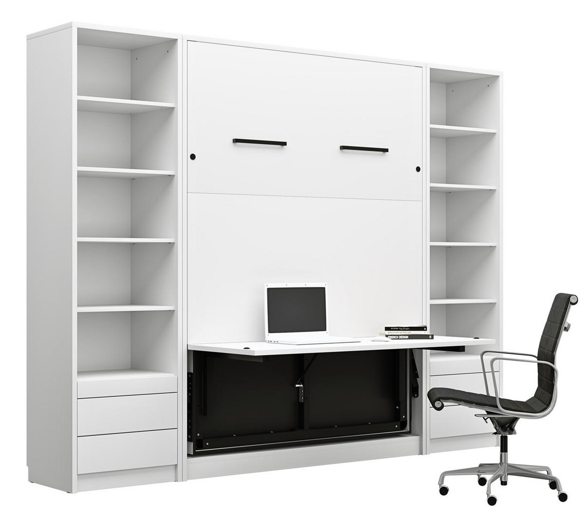 SCHRANKBETT vertikal GN140x200 mit Schreibtisch, LED und 2 Regalen - 3-teilig - Weiß - Weiß, Holzwerkstoff (140/200cm) - QMM TraumMöbel