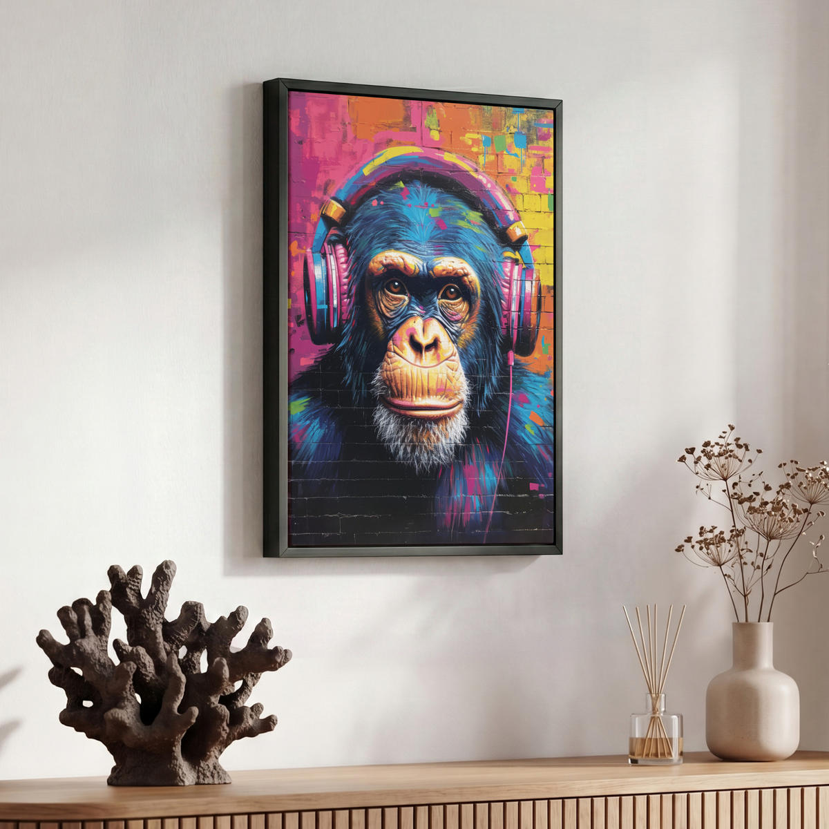 LEINWAND Bilder mit Rahmen - Graffiti - Schimpanse - Straßenkunst - Kopfhörer - Affe - 30x40 - Blau, Textil (30/40cm) - MuchoWow