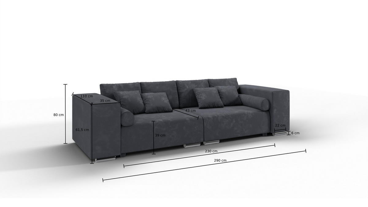BIGSOFA Kami Microfaser Graphit - Schwarz/Graphitfarben, Kunststoff/Textil (290/80/110cm) - S-Style Möbel