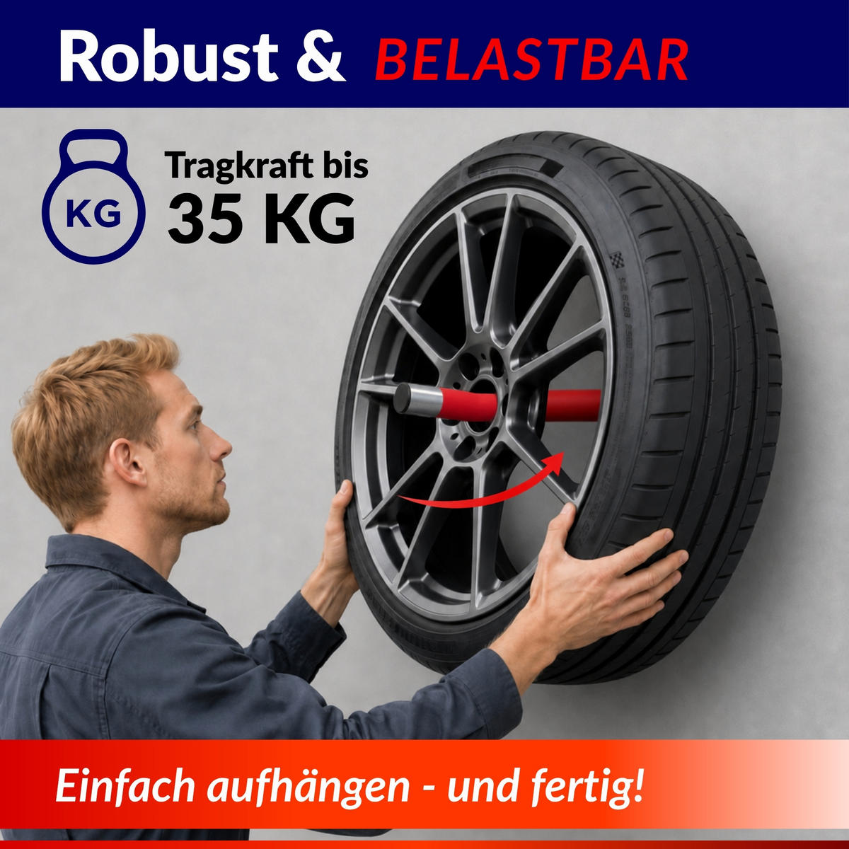 AUTOREIFEN-WANDHALTER PREX PRO 4er Reifen Set HxBxT 17x13x35 cm Traglast 35 kg Rot Set für Garage Zum Anschrauben mit hoher Qualität - Rot, Metall (35/13/9cm) - PROREGAL
