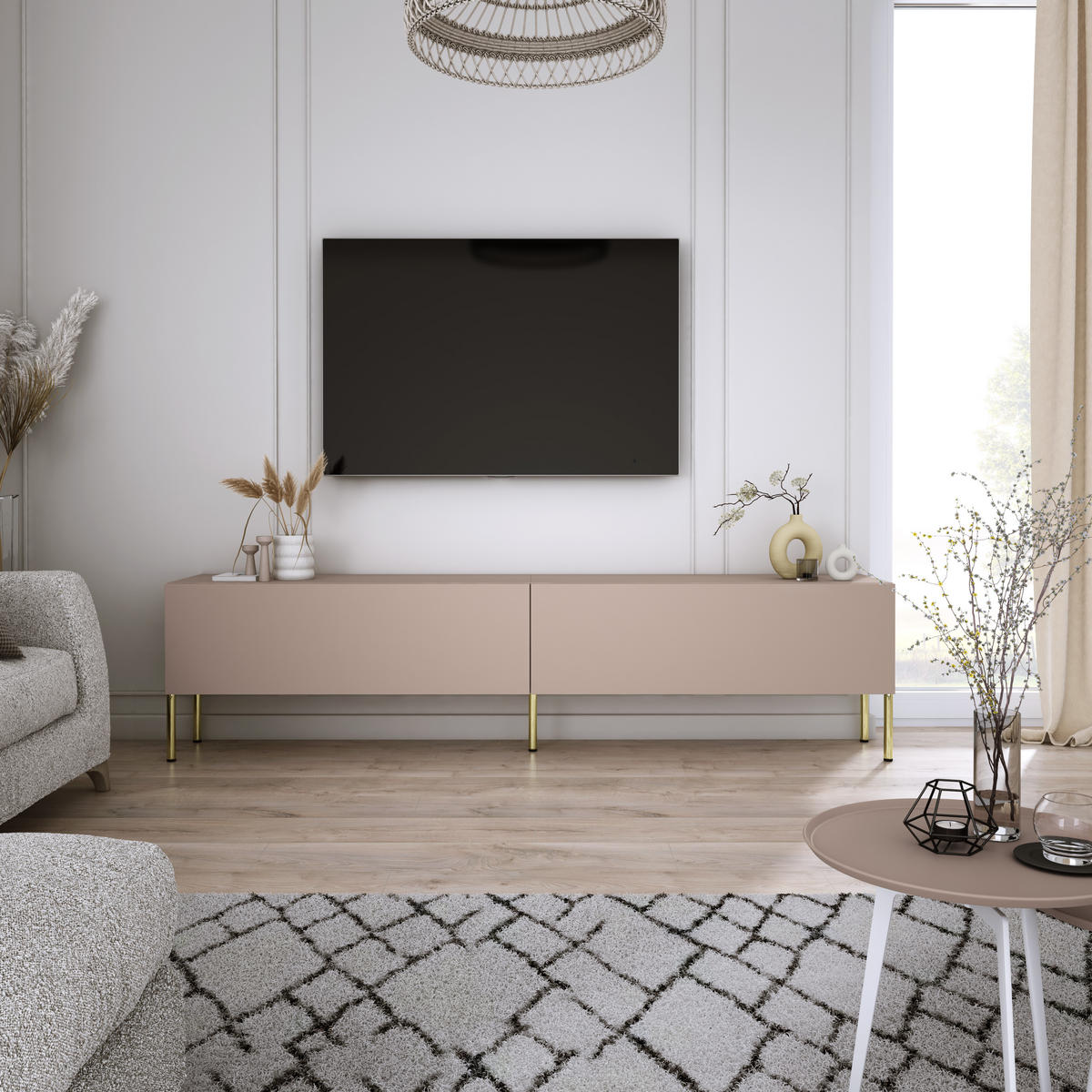 TV-SCHRANK : Karamellbraun, 170 x 52 x 32 cm, Goldene Beine - Goldfarben/Braun, Holzwerkstoff/Metall (170/52/32cm) - 3XE LIVING