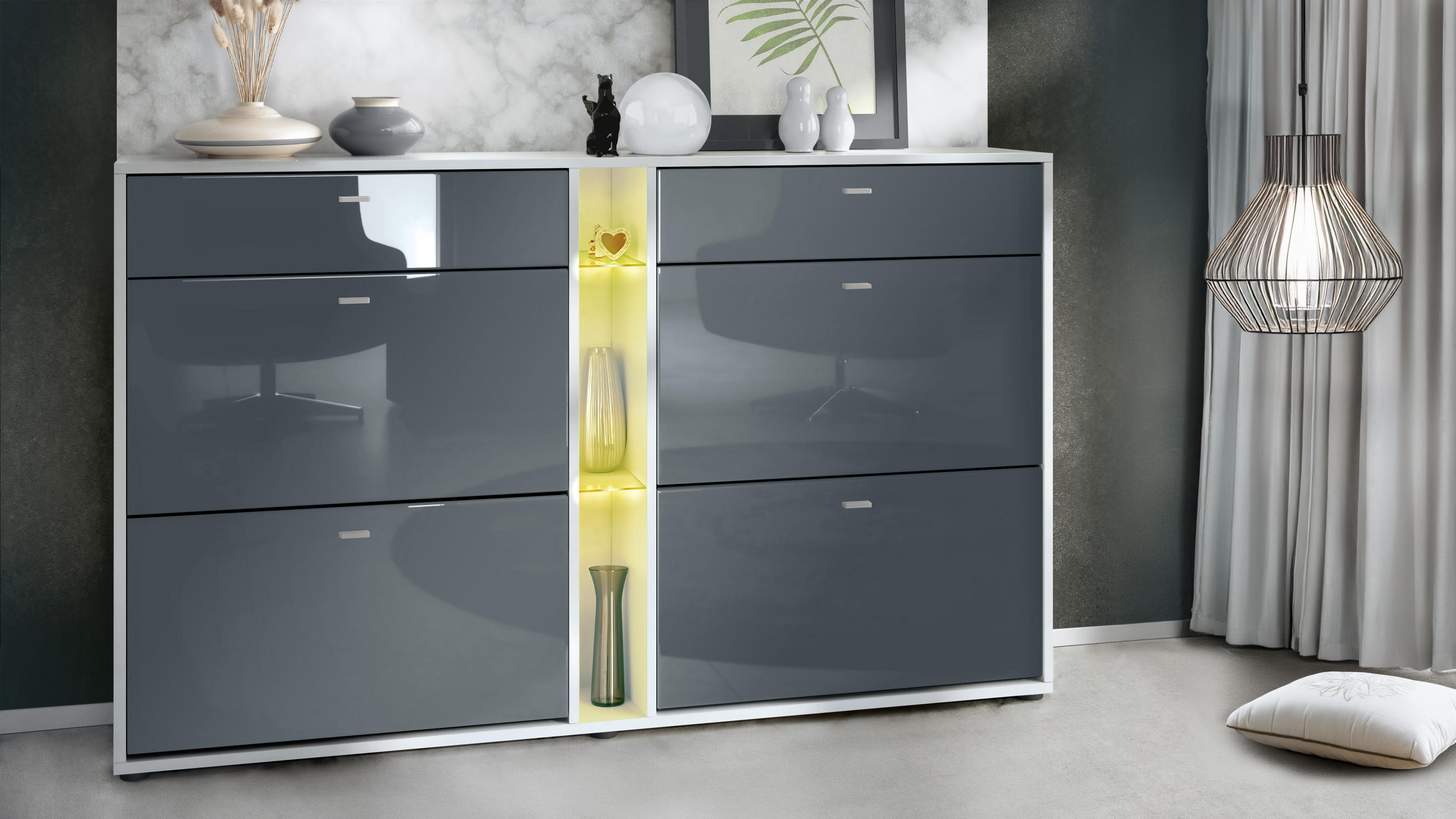 SCHUHSCHRANK Today Fronten in Grau Hochglanz - Grau, Holzwerkstoff (155.5/95/28cm) - Vladon