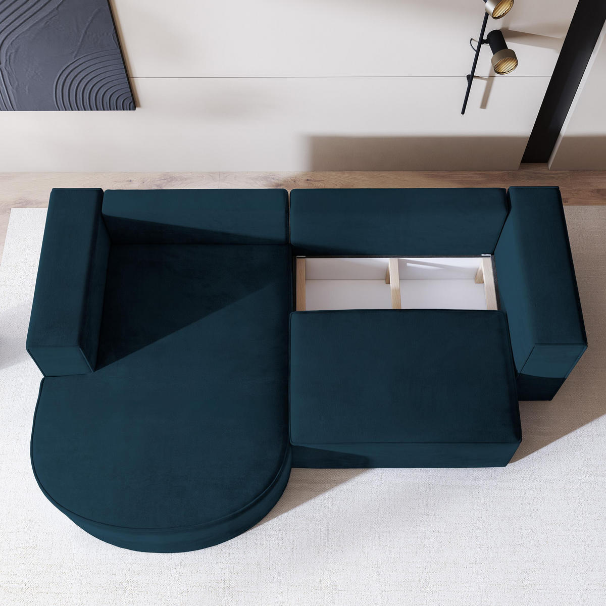 ECKSOFA SORELA M L-S Blau Velours-Stoff mit Schlaffunktion - Blau, Holz (263/174cm) - MASSENO