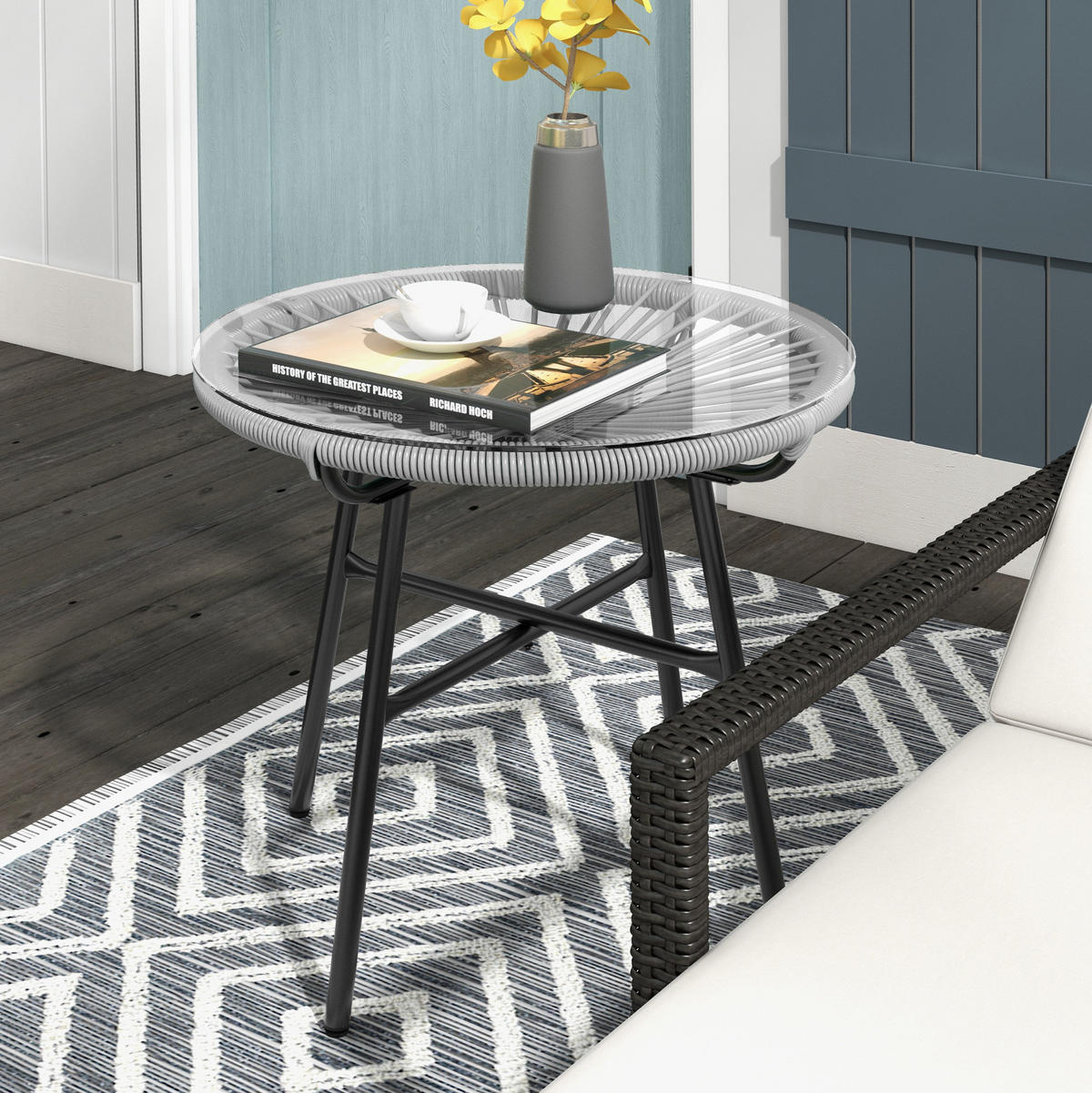 BEISTELLTISCH aus Metall 50x50x50 cm Grau mit Glasplatte und PE-Rattan im Boho-Stil - Grau, Metall (50/50/50cm) - Modfu