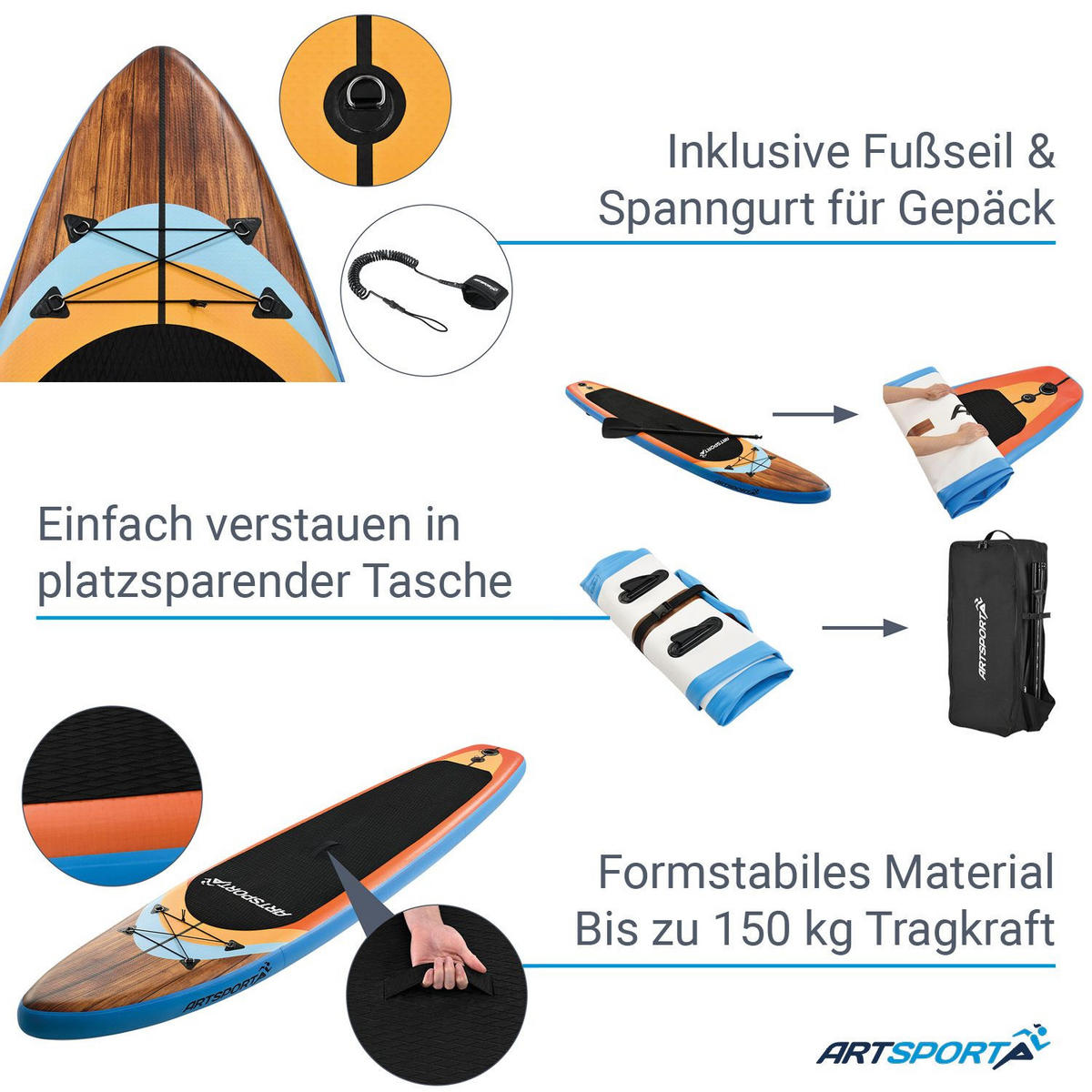 STAND UP Paddle Board Beach Rocker aufblasbar mit Tasche & Zubehör - Orange, Kunststoff (320/76.5/15cm) - Artsport