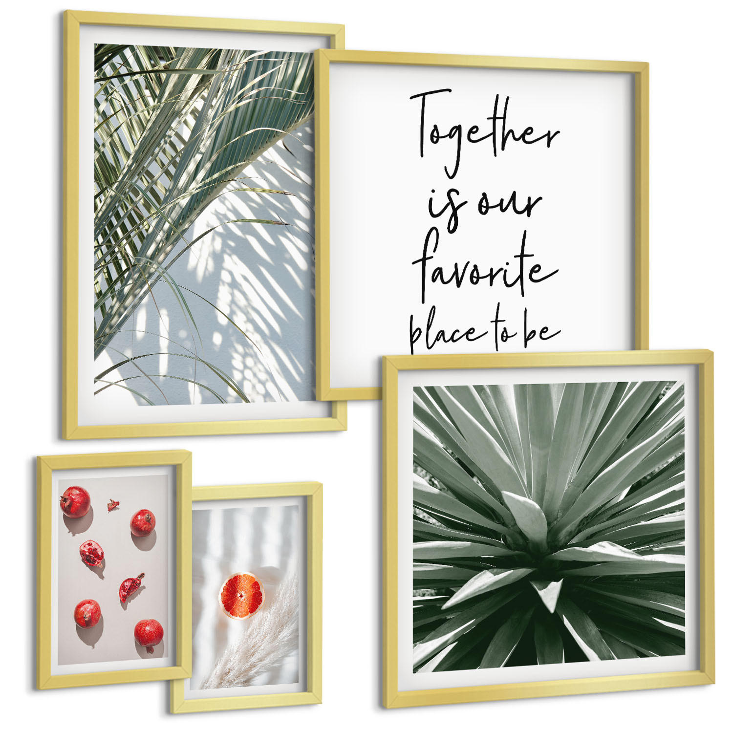 BILDER SET 5er Set - 50x50 cm & 20x30 cm & 40x60 cm Goldrahmen - Feiertags-Palmenfrucht-Inschrift - Goldfarben, Kunststoff (40/60cm) - TULUP