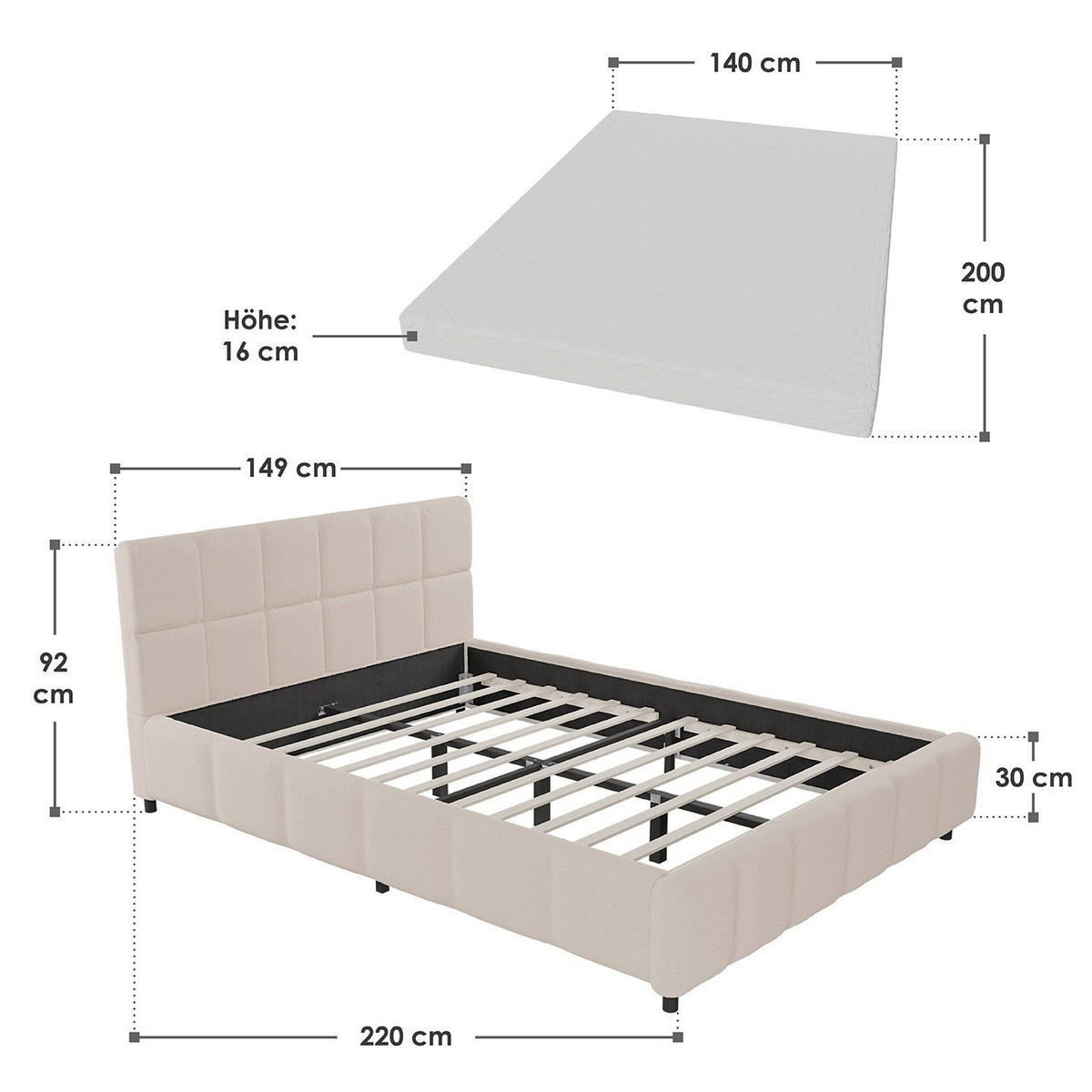 POLSTERBETT Florenz beige 140x200 cm mit Matratze - Beige, Holz (140/200cm) - Juskys