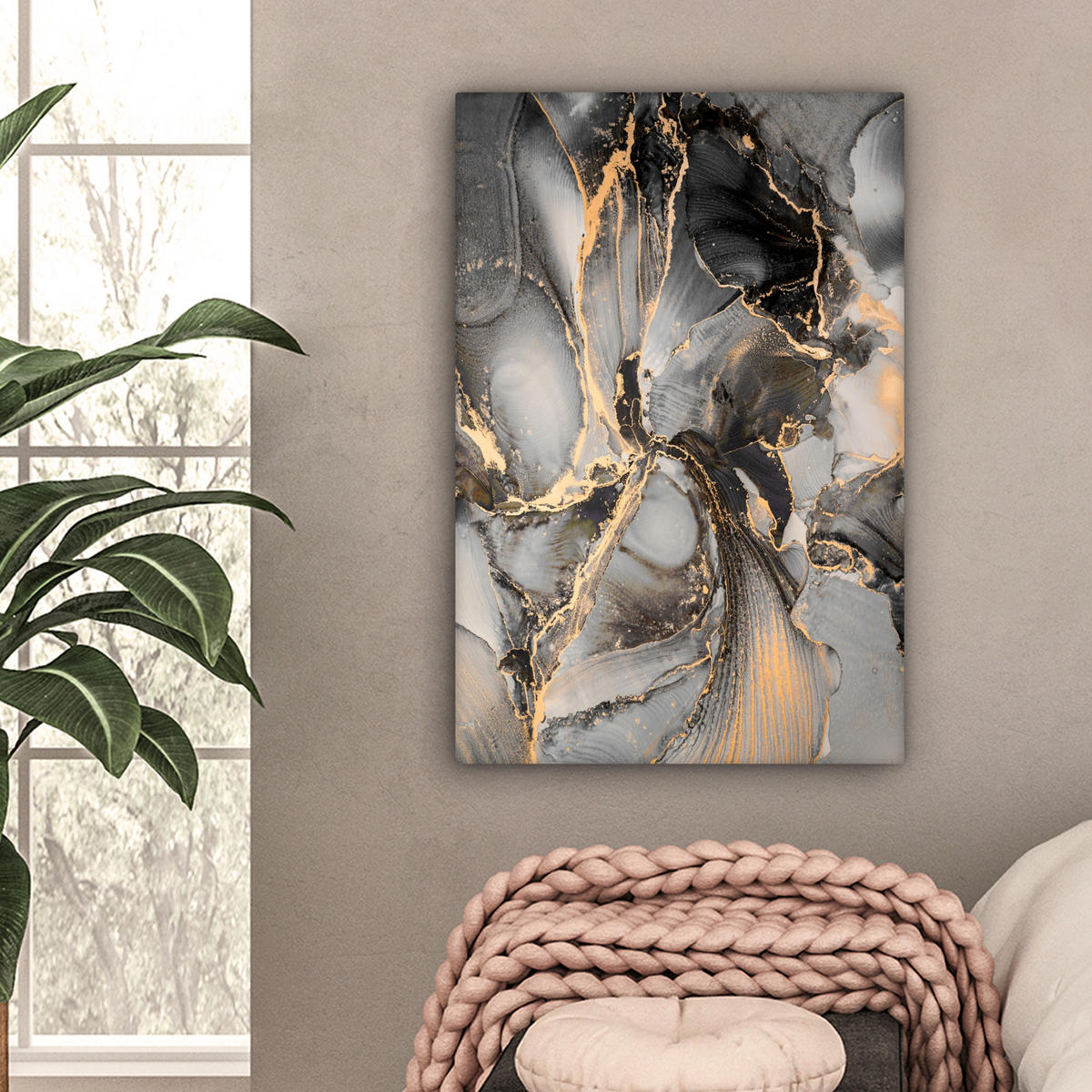 LEINWANDBILD Grau - Luxus - Gold - Marmor Wanddeko Schlafzimmer 60x90 cm - Dunkelgrau, Textil (60/90cm) - MuchoWow