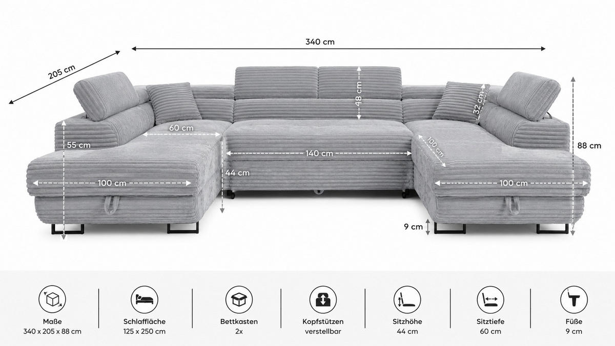 WOHNLANDSCHAFT SERENA U mit Stauraum, Hellgrau - Hellgrau, Textil (340/90/205cm) - KS Home Concept