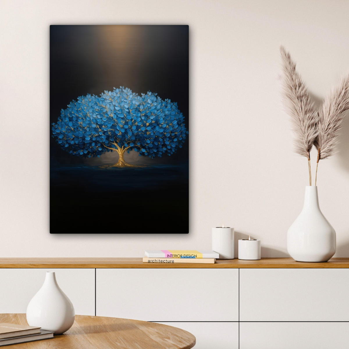 LEINWANDBILD Baum - Blau - Blätter - Pinselstriche Wanddeko Schlafzimmer 60x90 cm - Blau, Textil (60/90cm) - MuchoWow