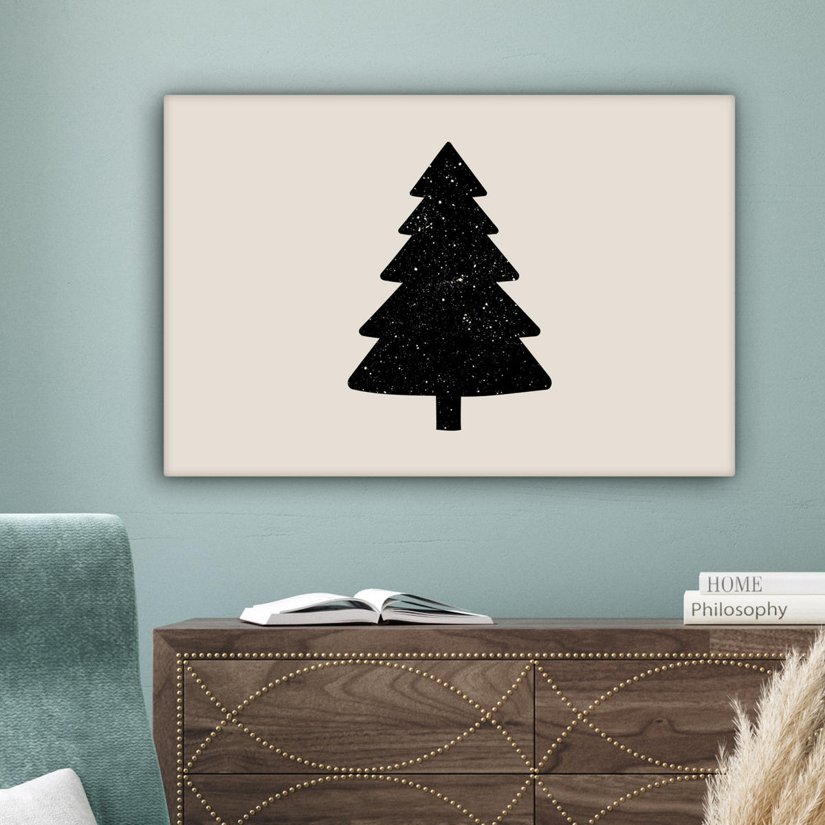 LEINWANDBILD Weihnachtsbaum - Schwarz - Urlaub - Beige Gemälde 60x40 cm - Schwarz, Textil (60/40cm) - MuchoWow