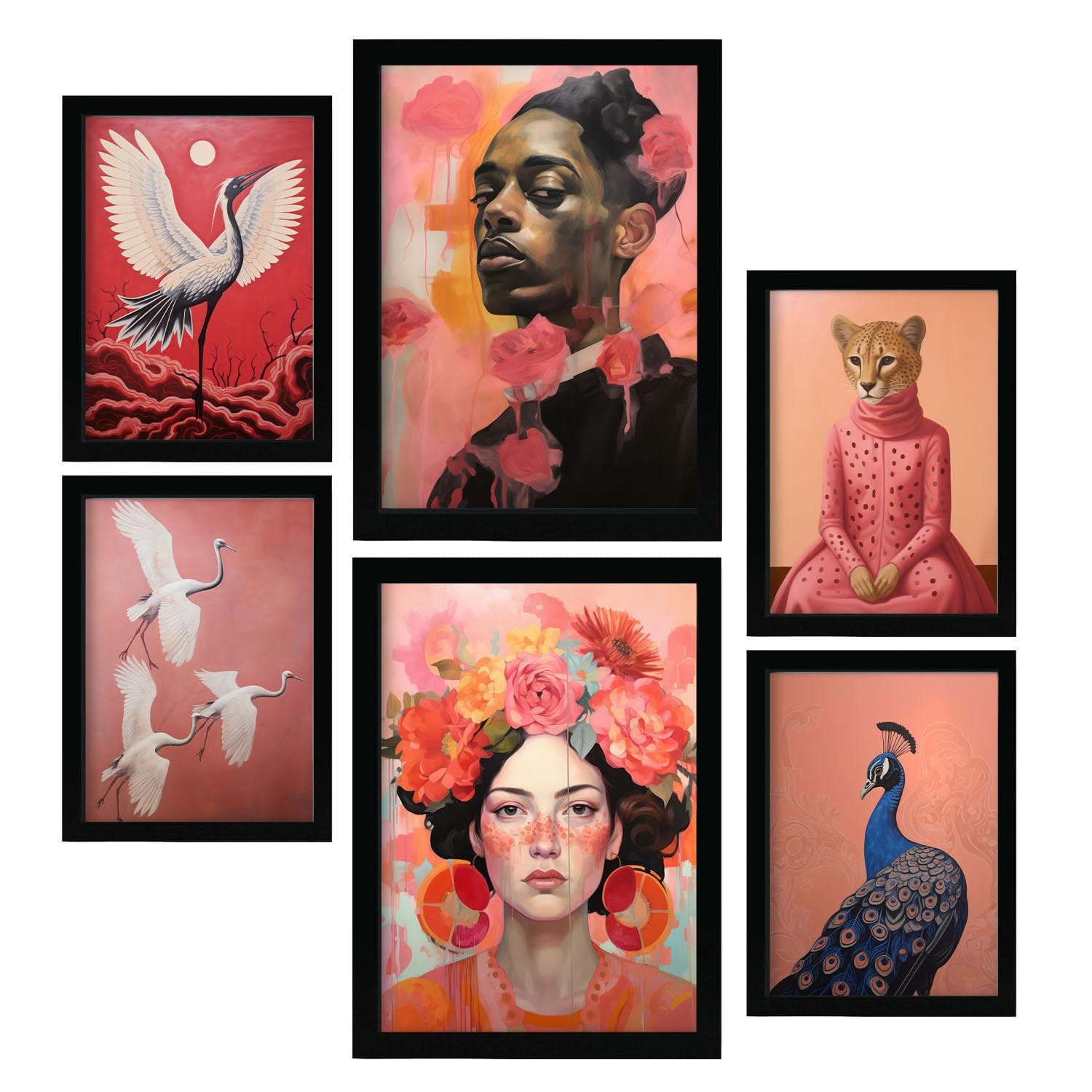 POSTER Set Mit 6 Natürliche Rose In Vielseitiger A3 & A4 Schwarzer Rahmen - Schwarz, Papier (29/3cm) - Nacnic