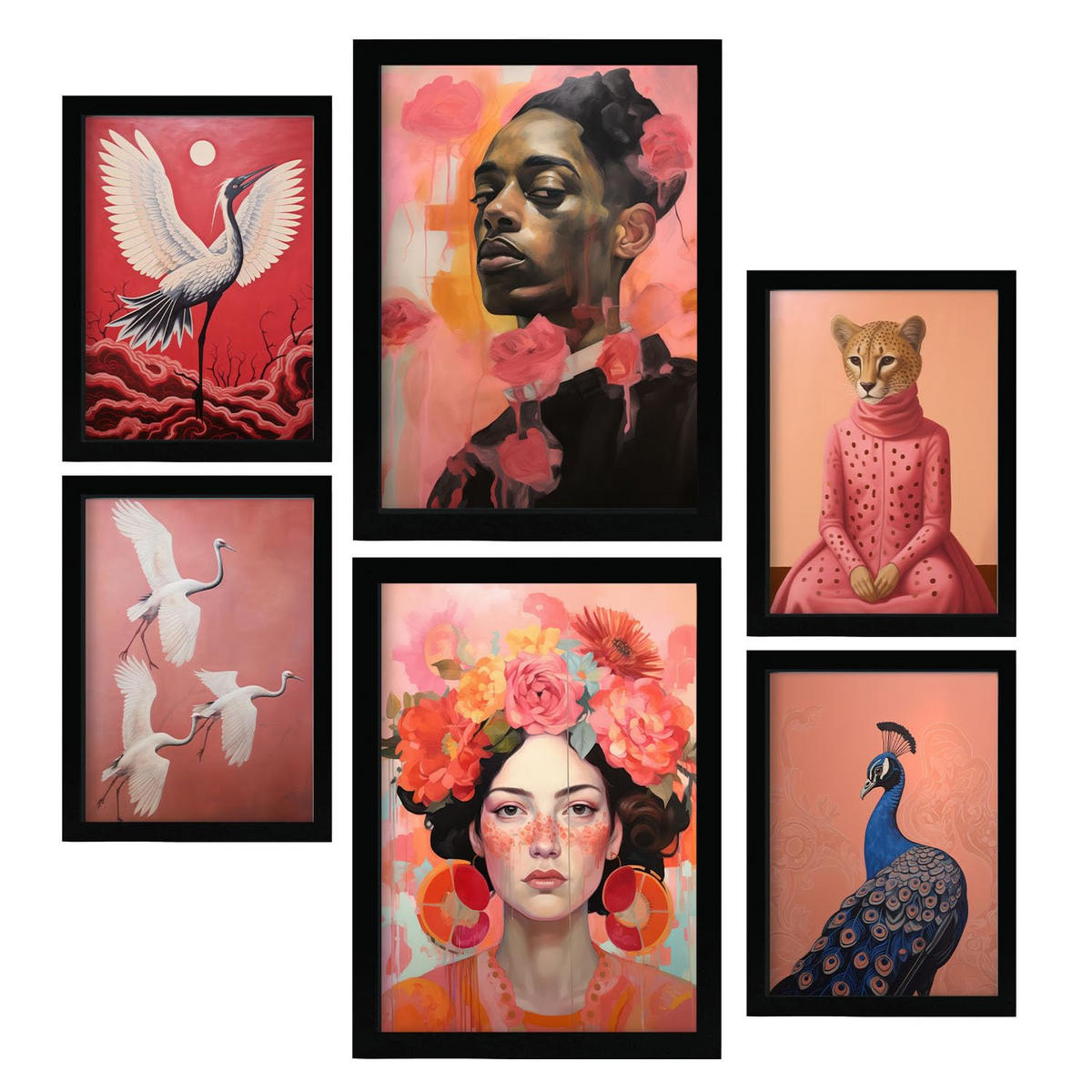 POSTER Set Mit 6 Natürliche Rose In Vielseitiger A3 & A4 Schwarzer Rahmen - Schwarz, Papier (29/3cm) - Nacnic