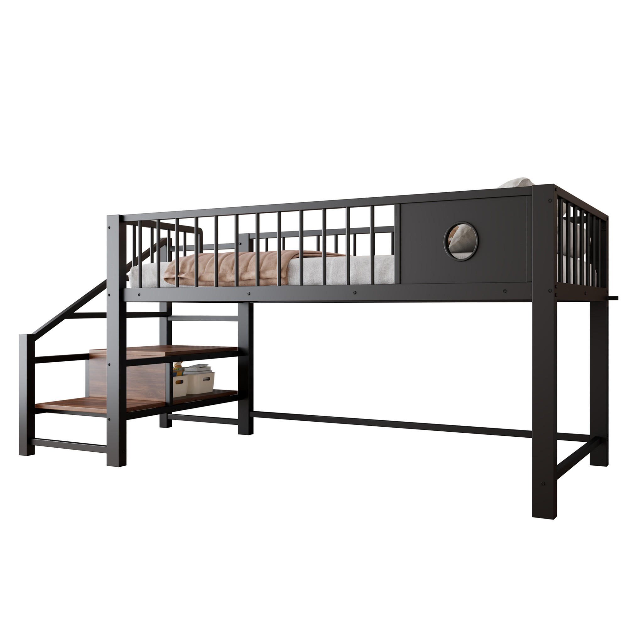 OKWISH PATROVÁ postel 90/200 cm černá kovová s úložným žebříkem