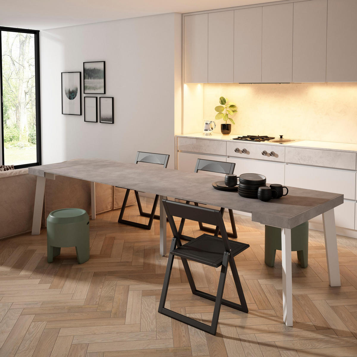 KONSOLENTISCH ausziehbar 58 bis 302cm, für 14 Gäste, zementgrau, 90/58/73cm - Grau, Holzwerkstoff (90/302/73cm) - Skraut Home