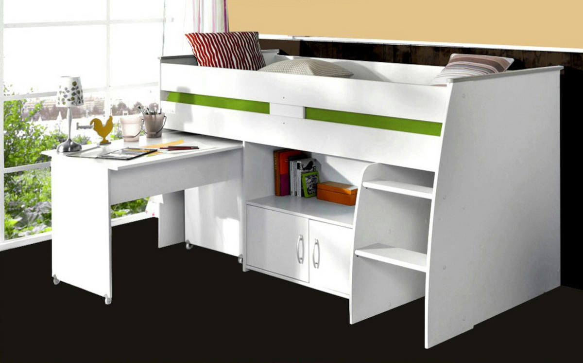 HOCHBETT weiß Jugendzimmer Bett 90 x 200 mit Schreibtisch ausziehbar - Silberfarben/Weiß, Holz/Holzwerkstoff (90/200cm) - Parisot Meuble