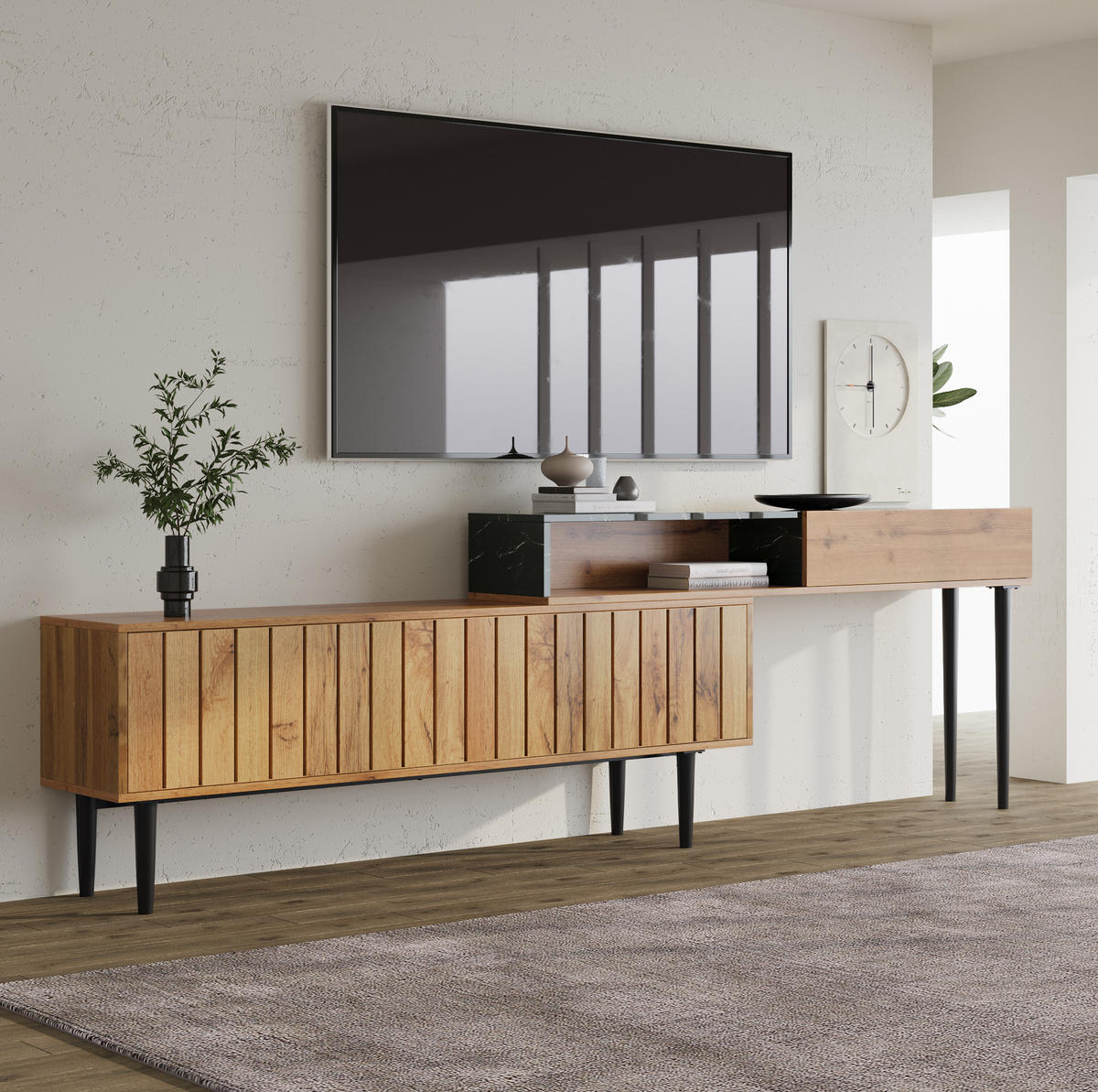 LOWBOARD TV-Lowboard aus MDF und Spanplatte mit Marmor- und Holzdekor Naturfarben - Naturfarben, Holzwerkstoff (240/58/22cm) - Modenvie