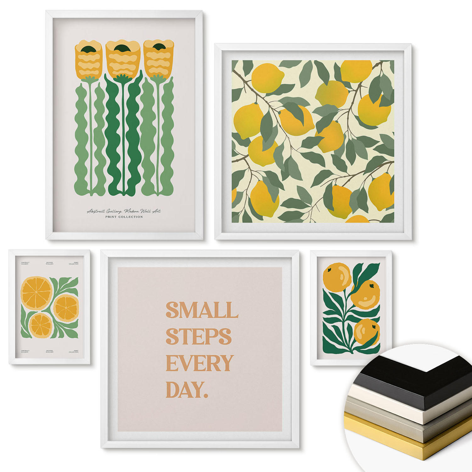 WANDBILDER 5er-Set - 50x50 cm & 20x30 cm & 40x60 cm Weißer Rahmen - Pflanzenmuster mit Blumen - Weiß, Kunststoff (40/60cm) - ArtPrintCave