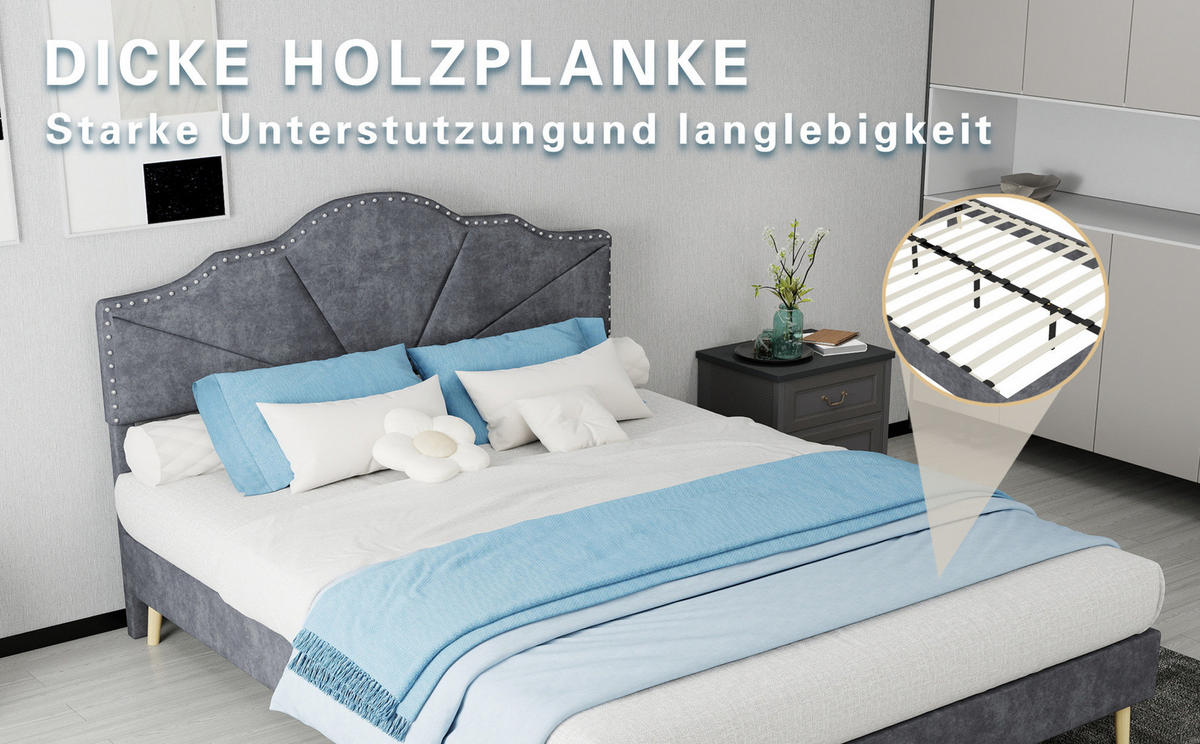 POLSTERBETT 140/200 cm mit Matratze, geometrischem Kopfteil und Lattenrost, Grau - Grau, Textil (140/200cm) - Redom
