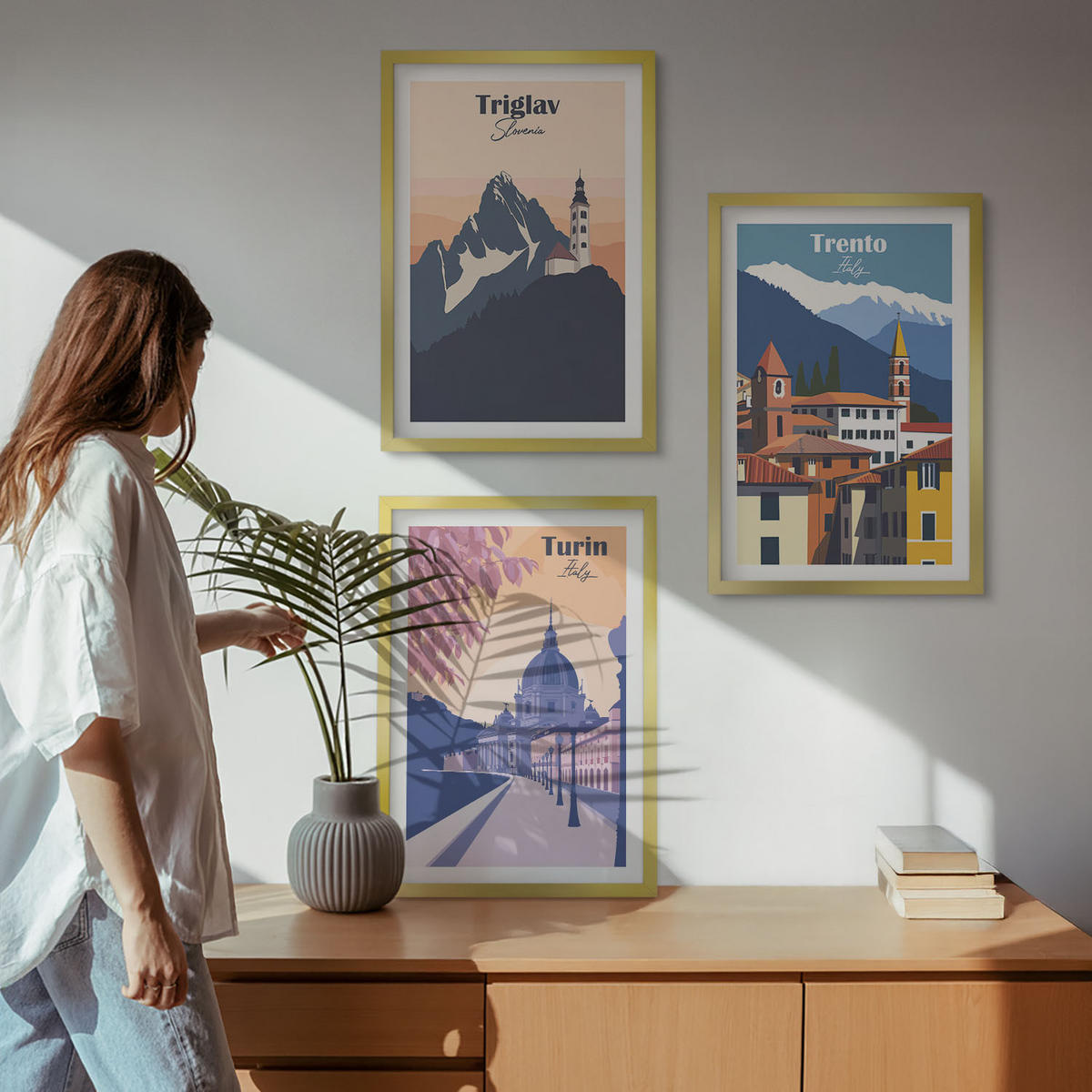 BILDER SET 3er Set - 40x60 cm Goldrahmen - Retro-Illustrationen zur Bergarchitektur - Goldfarben, Kunststoff (40/60cm) - TULUP