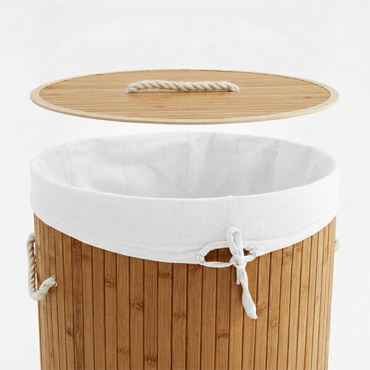 TVÄTTKORG kräm bambu rund med lock hopfällbar 70 l - Cremefärgad, Trä/Textil (41/65/41cm) - Relaxdays