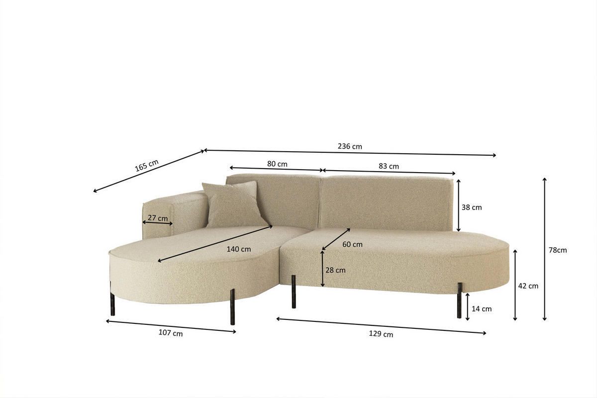 ECKSOFA L-Form Designer Modena Rein Stoff Quelle Beige Links - Beige, Holz/Textil (165/236cm) - Kaiser Möbel