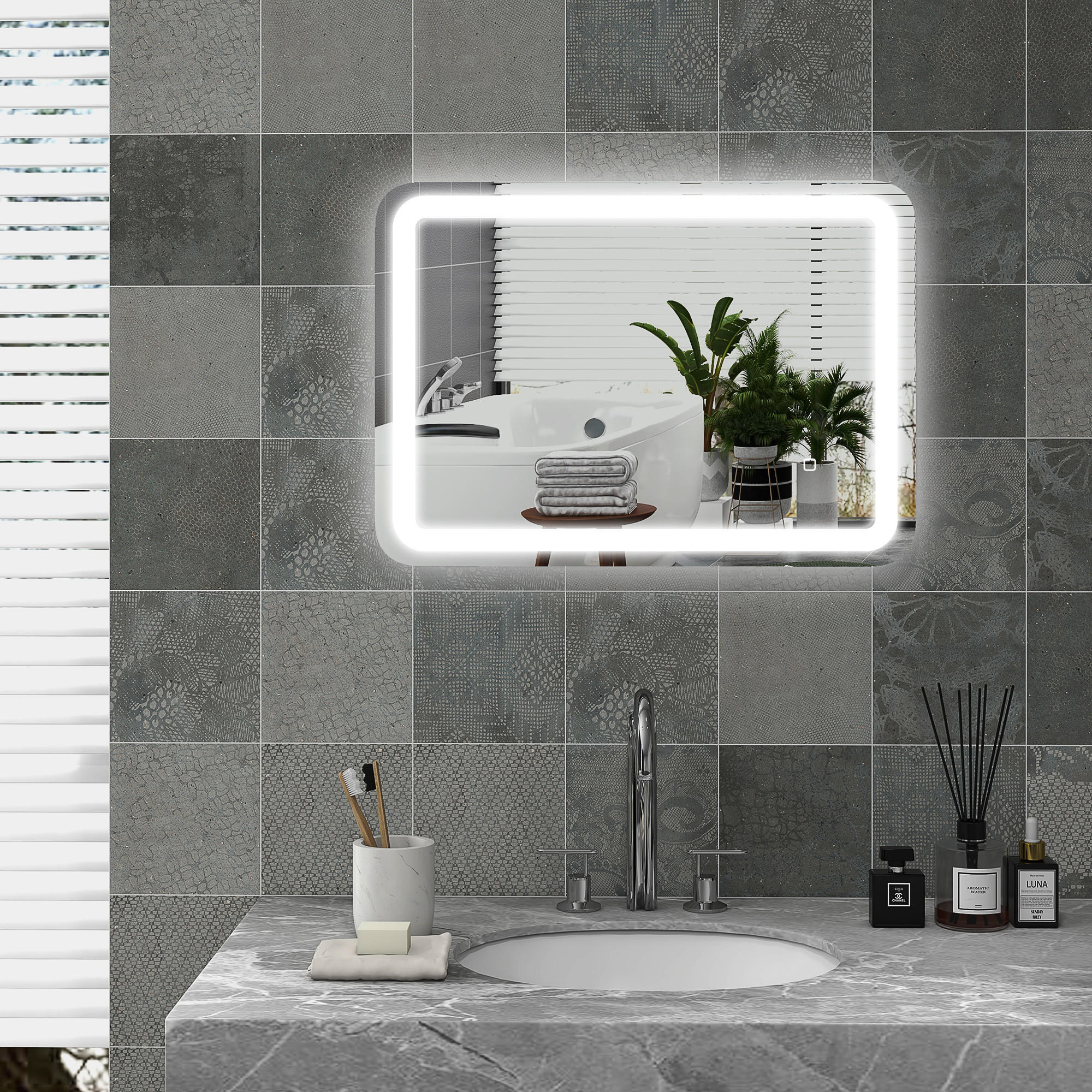 BADSPIEGEL, 50 x 70 cm LED Badezimmerspiegel mit 3 Lichtfarben, Wandspiegel - Silberfarben, Glas (70/4/50cm) - HOMCOM