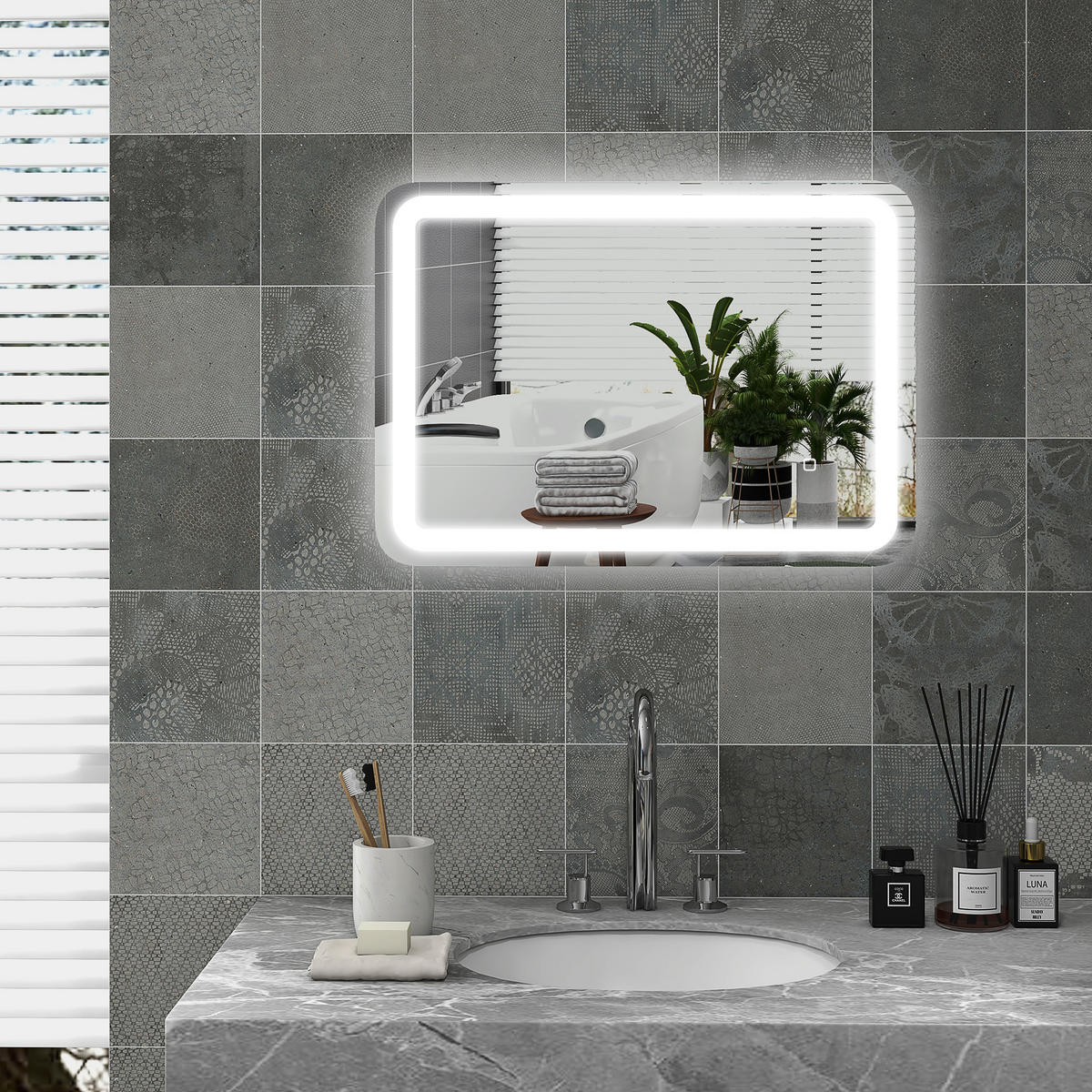 BADSPIEGEL, 50 x 70 cm LED Badezimmerspiegel mit 3 Lichtfarben, Wandspiegel - Silberfarben, Glas (70/4/50cm) - HOMCOM