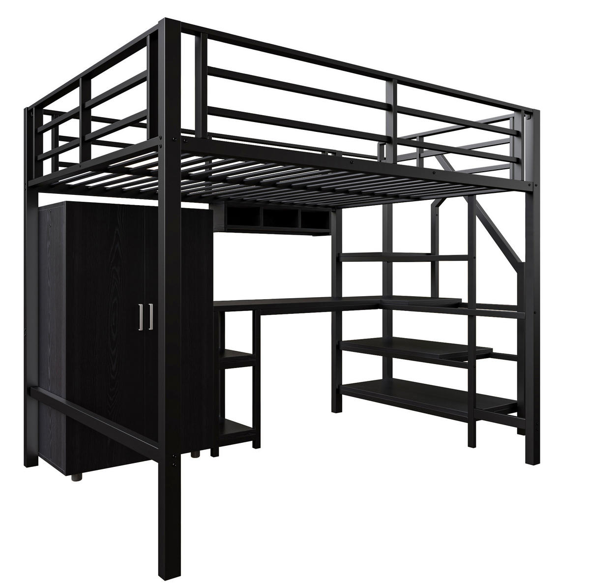 HOCHBETT 140/200 cm aus Metall/MDF mit Schreibtisch, Kleiderschrank und Regalen Schwarz - Schwarz, Metall (140/200cm) - Modenvie
