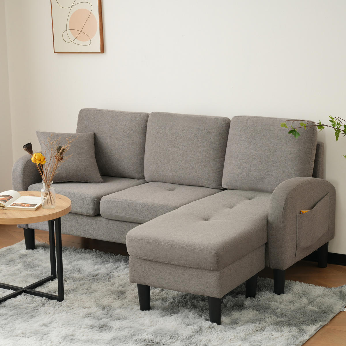 SOFA modular mit Chaiselongue 166 x 118 x 77 cm Baumwoll-Leinen-Mix - Dunkelgrau, Kunststoff (166/118cm) - IVMEU