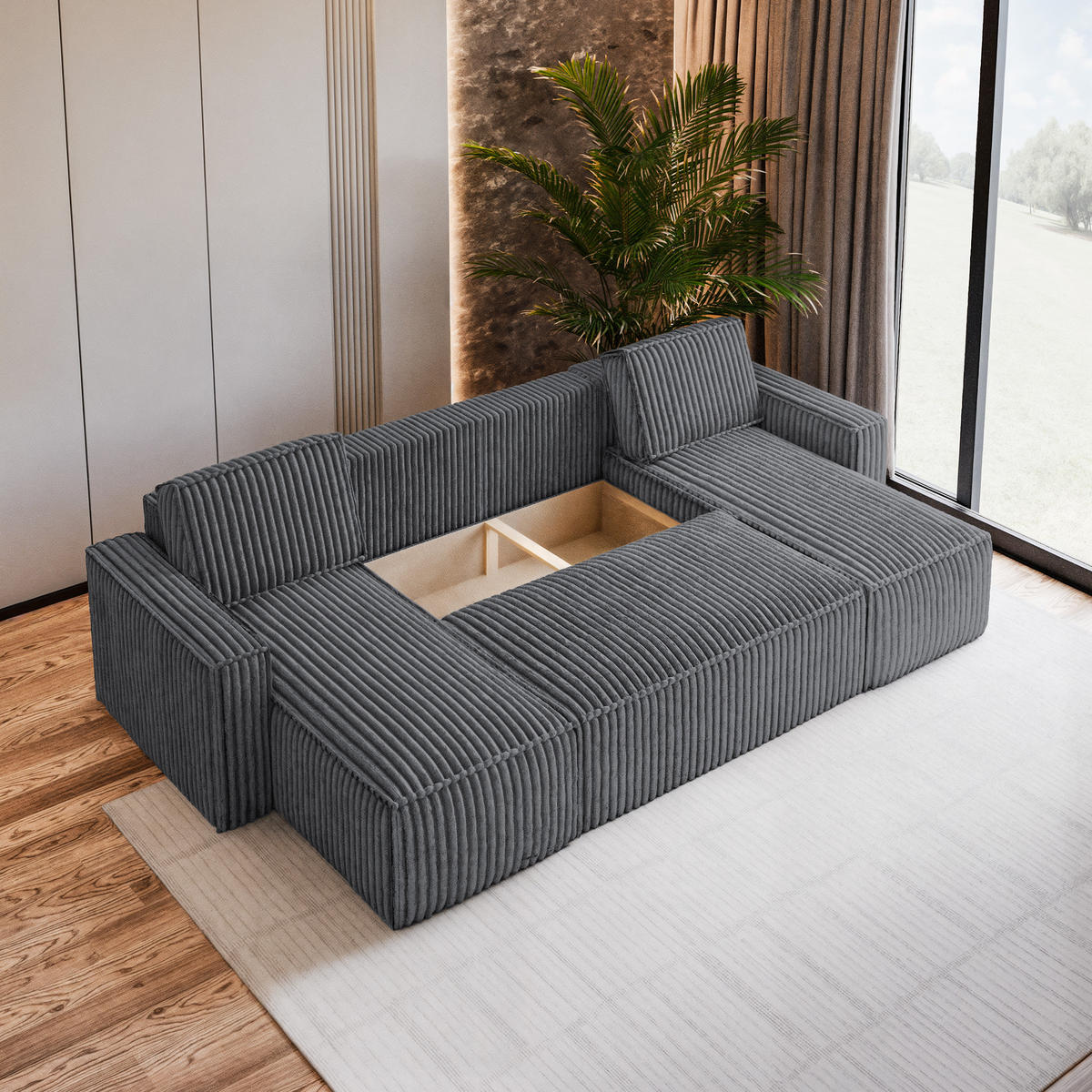 WOHNLANDSCHAFT PESANO T Graphitfarben Kordstoff mit Schlaffunktion - Graphitfarben, Holz (306/85/140cm) - MASSENO