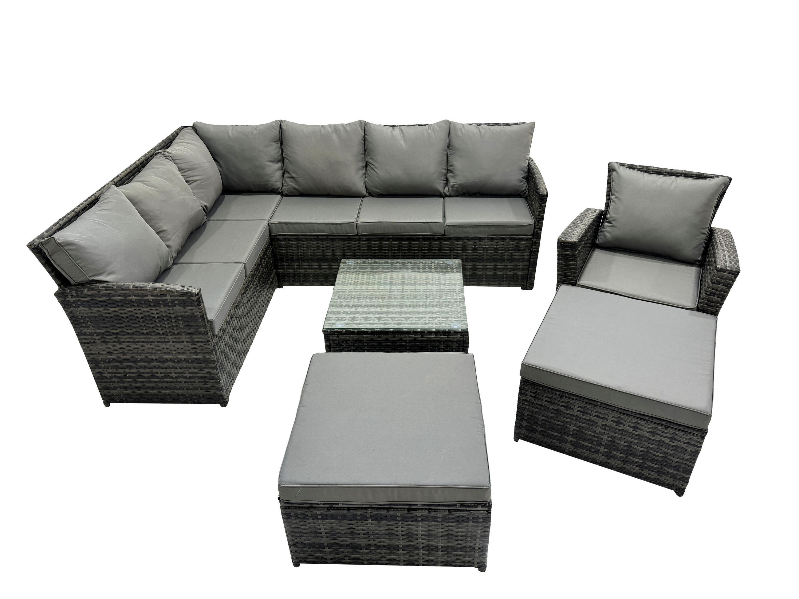 GARTENGARNITUR mit Ecksof,Couchtisch,2 Fußhocker Polyrattan Dunkelgrau 9-Sitzer - Dunkelgrau/Grau, Glas/Kunststoff - Fimous